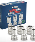 Stainless Steel Garden Hose Quick Connect Kit 3 Pack Universal Fit No Fuss Quick Connect Fittings for Easy Instant Connection Convert Your Hose Sprayers and Sprinklers, product and packaging display