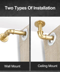 Gold Industrial Curtain Rods For Windows 48 to 84 Inches, 1 Inch Diameter showing wall and ceiling mount installation.