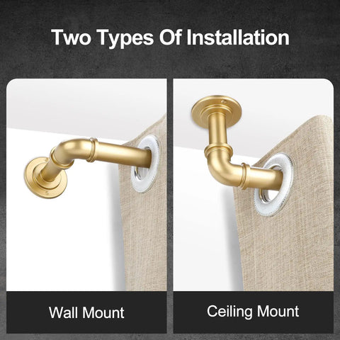 Gold Industrial Curtain Rods For Windows 48 to 84 Inches, 1 Inch Diameter showing wall and ceiling mount installation.