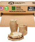 HexcelWrap Mini Honeycomb Packing Paper For Shipping And Moving, 12 Inch By 300 Feet, shown in self dispenser box with wrapped items