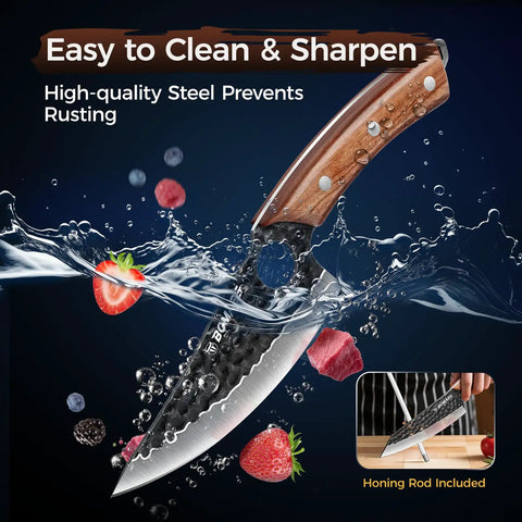 Hand Forged Japanese Chef Knife Set 3 Piece Kitchen Knife Bundle With Viking Chef Knife shown slicing water and fruit.