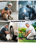 Collage of people using Garden Kneeler Seat With Adjustable Height And Angle in construction, welding, car maintenance, and gardening.