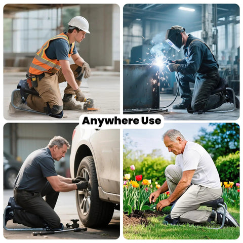 Collage of people using Garden Kneeler Seat With Adjustable Height And Angle in construction, welding, car maintenance, and gardening.
