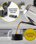 Electric Percolator Coffee Maker With Classic Style, 12 Cup Capacity, pouring coffee into a glass cup with detachable cord displayed.