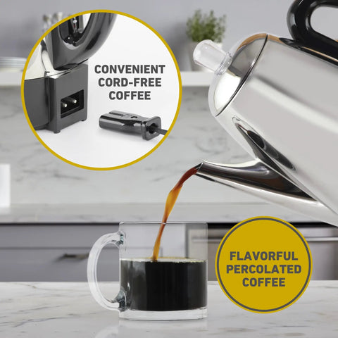Electric Percolator Coffee Maker With Classic Style, 12 Cup Capacity, pouring coffee into a glass cup with detachable cord displayed.