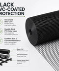 Premium Quality 1/2 Inch Black Hardware Cloth 48 Inches Wide By 100 Feet Long Roll showcasing black PVC-coated galvanized steel mesh for outdoor protection.