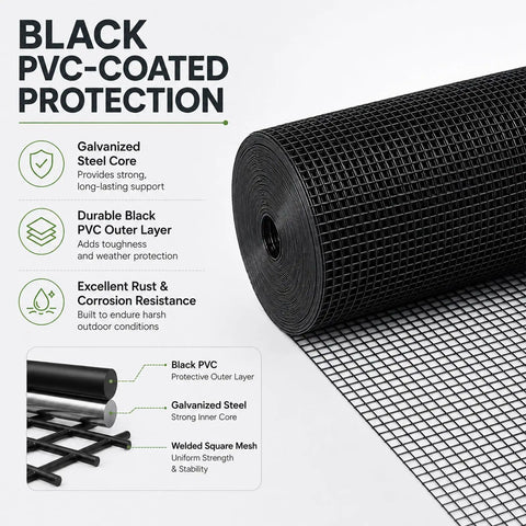 Premium Quality 1/2 Inch Black Hardware Cloth 48 Inches Wide By 100 Feet Long Roll showcasing black PVC-coated galvanized steel mesh for outdoor protection.