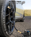 12 Inch Tire Inflator Extension Hose With Clip On Air Chuck Adapter For Quick Inflation On Cars Motorcycles And Bicycles High Pressure Quick Connect For Easy Access To Hard To Reach Valves And Maintenance attached to car tire