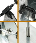 Axelord 40pc metric tap and die set; front view tap wrench, side view die stock, close-up die head.