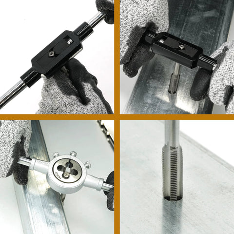 Axelord 40pc metric tap and die set; front view tap wrench, side view die stock, close-up die head.