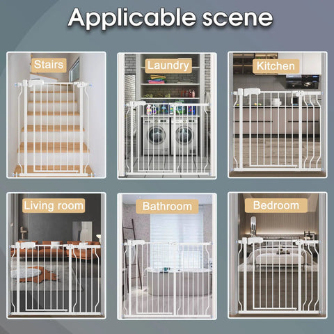 Extra Wide Pet Gate For Stairs And Doorways With Walk Through Design, 37.4 Inches Tall, shown in multiple household settings