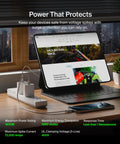 6 Outlet Surge Protector Power Strip Featuring A 360 Degree Rotating Plug And 6 Foot Cord on a desk with devices showing safety specifications.