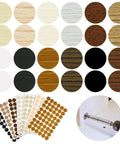 Wood Grain Adhesive Screw Hole Cover Sticker Set, 648 Pieces, 12 Colors, Waterproof PVC Caps shown on sheets and applied on furniture.