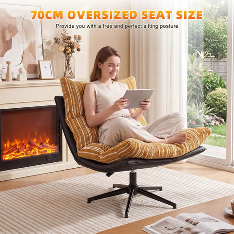 Woman relaxing on Big Comfy Rocking Swivel Chair With 360 Degree Spin And Adjustable Backrest, yellow stripe, in living room