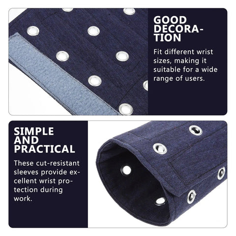 Heavy Duty Cut Resistant Wrist Sleeves Built Tough With Reinforced Denim For Industrial Steel Handling Abrasion Proof Forearm Guards That Kick Ass At Work Sites (1 Pair) showing dark blue denim with grommets for secure fit.