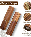 Two Pack Acacia Wood Salt And Pepper Grinder Set with refillable design, adjustable ceramic core, and gold stainless steel accents.