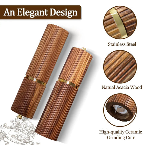 Two Pack Acacia Wood Salt And Pepper Grinder Set with refillable design, adjustable ceramic core, and gold stainless steel accents.