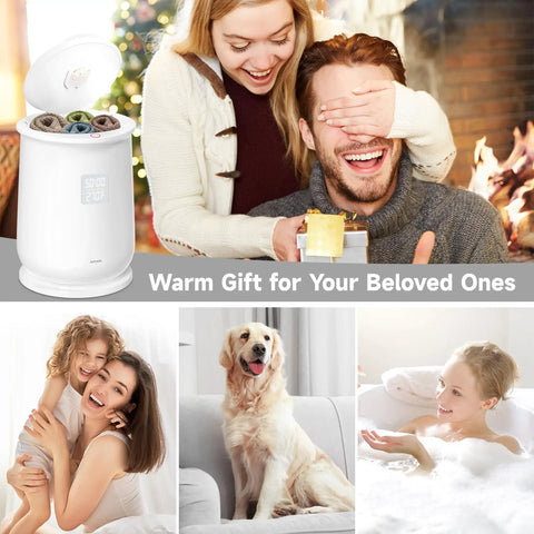 Smiling family with Hot Towel Warmer Bucket For Home Spa Vibe Portable Unit With Auto Shut Off Fits Two 40x70 Towels