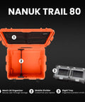 Open Trail 80 Waterproof Storage Box with Wheels, 79L Outdoor Gear Case for camping, fishing, hunting; includes mesh lid organizer.