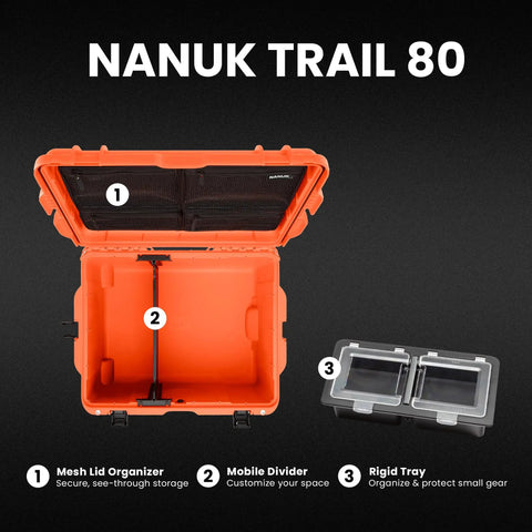 Open Trail 80 Waterproof Storage Box with Wheels, 79L Outdoor Gear Case for camping, fishing, hunting; includes mesh lid organizer.