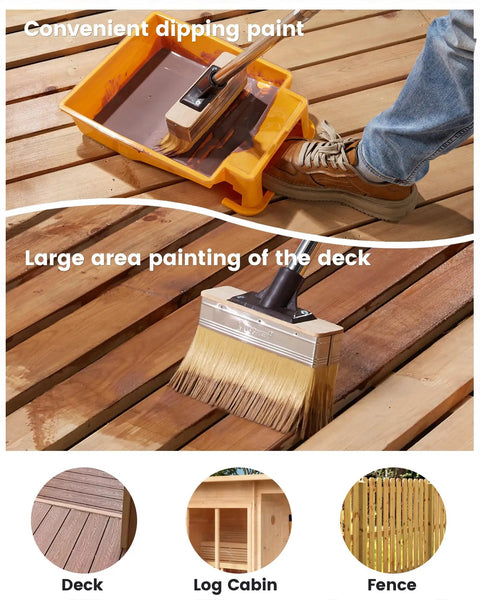 7.5-Inch Heavy-Duty Deck Brush Kit with 51 Inch Adjustable Extension Rods, 9-Inch Paint Tray with Liners, painting a wooden deck