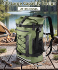 40L Waterproof Backpack Dry Bag For Hiking And Travel with tent and campfire by a lake, showing size dimensions