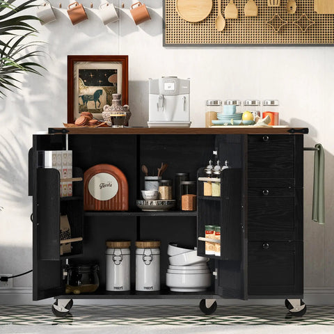 54 Inch Farmhouse Kitchen Cart Featuring A Nifty Power Outlet And Hefty Storage Space With Smooth Rolling Lockable Wheels And Sleek Black Finish, showcasing storage compartments.