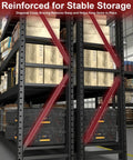 Beefed Up 4 Tier Storage Shelving Black Industrial Grade Rack Cracks Under Up To 6000 Lbs Pressure showing diagonal cross bracing for stability.