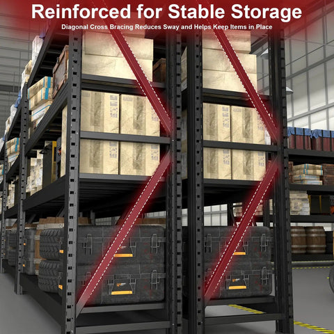 Beefed Up 4 Tier Storage Shelving Black Industrial Grade Rack Cracks Under Up To 6000 Lbs Pressure showing diagonal cross bracing for stability.
