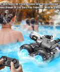 3 In 1 Amphibious RC Car Transforms Into Boat With Built In Water Gun in a pool setting, controlled by a child holding a remote