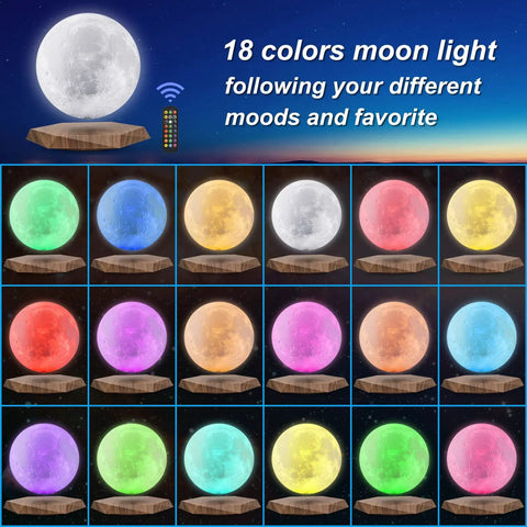 Levitating Moon Lamp With Remote, 6 Inch Floating 3D LED Moon Light With 18 Colors, Magnetic Spinning Base, Night Light