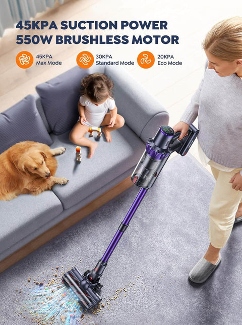 Dual Battery Cordless Vacuum Cleaner With 110 Minutes Run Time 45KPa Suction 550W Brushless Motor cleaning a carpet