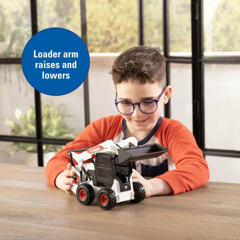 Child playing with Bobcat 1/16 Scale Skid Steer Loader Diecast Toy With Fully Functional Front Loader And Tilt Bucket Realistic Bobcat Graphics