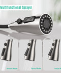 Top Shelf High Arc Kitchen Faucet With Pull Down Sprayer And Three Spray Settings Brushed Nickel single handle sprayer with stream, spray, and pause modes.