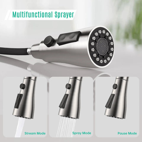 Top Shelf High Arc Kitchen Faucet With Pull Down Sprayer And Three Spray Settings Brushed Nickel single handle sprayer with stream, spray, and pause modes.