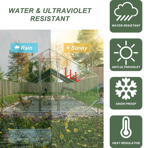 Walk-In Metal Chicken Coop With Waterproof UV Cover, Spacious 10 ft L by 26 ft W by 6.56 ft H Poultry Run House in rain and sun