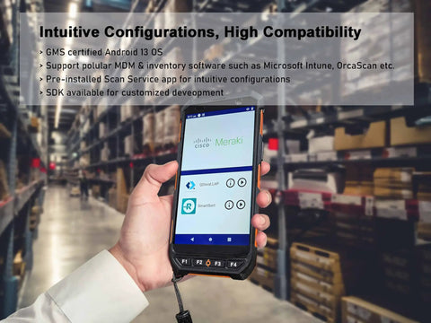 Rugged 5.5 Inch Touchscreen Handheld Barcode Scanner PDA For Warehouse And Logistics Workhorse in use in a warehouse.