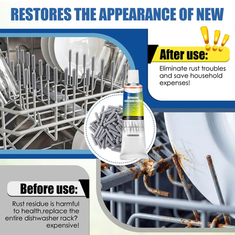 Dishwasher Rack Repair Kit With 1.7oz Grey Waterproof Coating And 100 Tine Prong End Caps shown improving rusted rack.