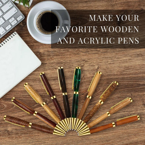 Ten Slimline Pen Kit Sets For Wood Turning With Dope Gold Finish Refill Ready Lathe Tools For DIY Projects
