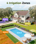 Four Zone Hose Sprinkler Timer With Brass Inlet IP68 Waterproof Digital Control Large Display zones on yard illustration