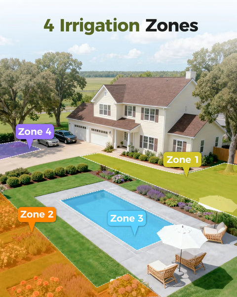 Four Zone Hose Sprinkler Timer With Brass Inlet IP68 Waterproof Digital Control Large Display zones on yard illustration