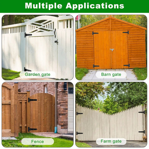 Beefy Heavy Duty Gate Hinges 1000 Lbs Per Pair on garden, barn, fence, and farm gates, black 13 inch strap hinges visible
