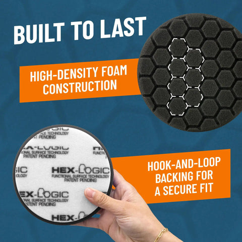 Buffing Pad Sampler Kit For Detailing with high-density foam and Hex-Logic design held by hand