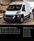 RAM ProMaster 2019-2025 cargo van parked in workshop, with compatibility and reference numbers displayed