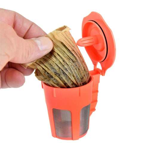Unbleached Paper Filters For Reusable Carafe Fits All Brands 100 Count Box Compostable And Disposable For Mess Free Brew Of Coffee Or Tea Eco Friendly Kitchen Accessory being placed in reusable filter
