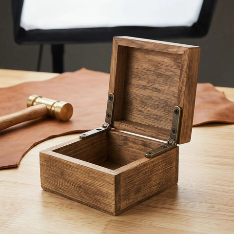 Open wooden box with Mini Hidden Box Hinges Set For Jewelry Boxes And Small Chests 90 Degree Zinc Alloy Hardware bronze finish
