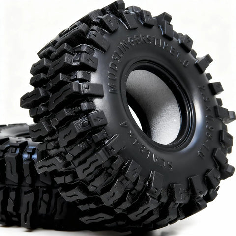 1.0 Crawler Tires 64x25mm Mud Slingers Super Soft Sticky For RC Crawlers against white background, close-up view