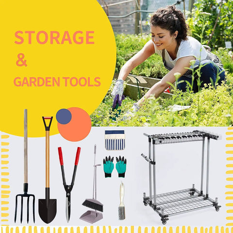 Mobile Garden Tool Organizer Metal Garage Storage Holder For Long Tools Heavy Duty Yard Rack With Rolling Casters And Sturdy Tool Cart Ideal For Rakes Shovels Hoes And Long Garden Tools next to garden tools and woman gardening.
