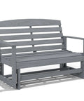 Two Person Outdoor Glider Bench For Backyards And Patios In Weather Resistant HDPE Distressed Gray With Armrests And Slatted Seat