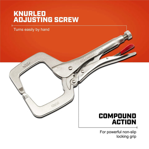 Heavy Duty Locking C Clamp with Compound Action and Hex Key Receiver, 11 Inch Nickel Plated Rust Resistant Angled Tooth Grip